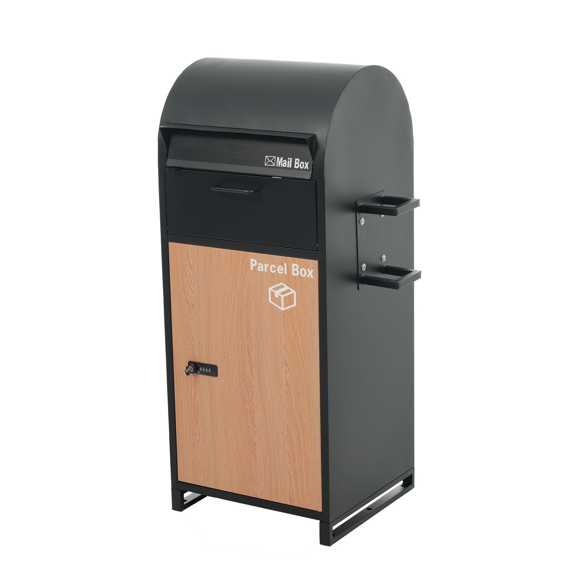 【国内発送】1279ポスト 置き型 ほぼ完成品 傘立て付き ポスト付き 宅配ボックス付き スタンドポスト おしゃれ 一戸建て用 大型 郵便受け スタンドポスト 置き配 シンプル 玄関【ブラック+木目】
