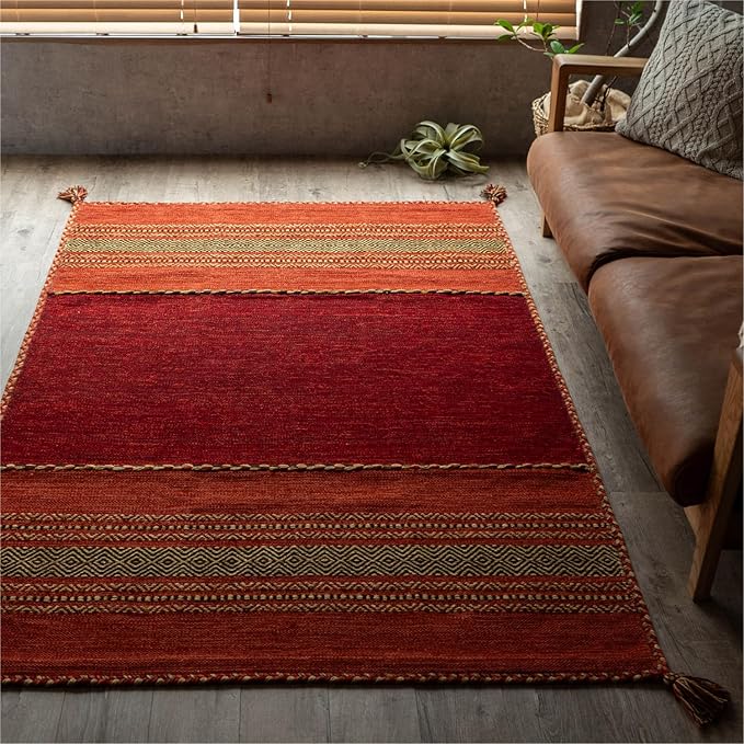 幾何学模様 カーペット フロアマット インドキリム 130x190 1.5畳 赤 インド綿