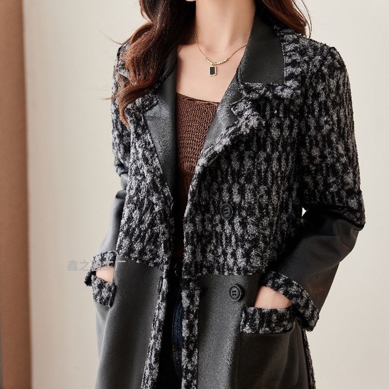 2025年冬新作 シープスキンミドル丈レザージャケットリバーシブルスタイルスタイリッシュなスーツ襟ステッチファッショナブルなリバーシブルウインドブレーカー