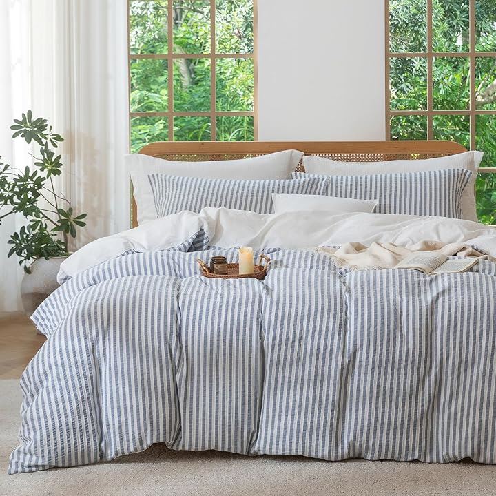 寝具カバーセット 4点セット ベッドカバーセット 自用・来客用・贈答用 掛け布団カバーに固定ひも8本＆側面ファスナー ボックスシーツ全周伸縮バンドで簡単着脱(ブルー, セミダブル)