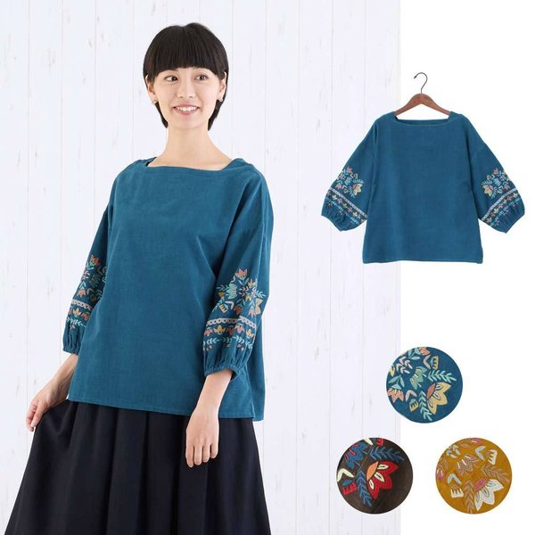 コーデュロイ 生地 刺繍 花柄 トップス プルオーバー 秋冬