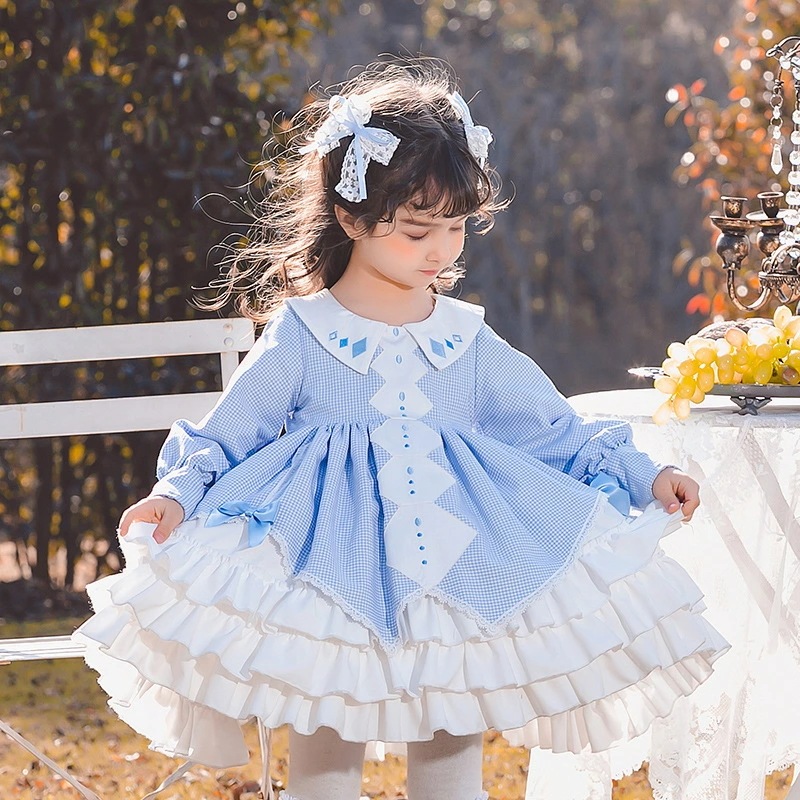 ロリータ 子供服 チェック柄 プリンセス ふわふわ 子供ドレス ロリータワンピース マルドレス 女の子 キッズ フォー ジュニア コスプレ lolita ゴスロリ 子ども長袖ワンピース 姫様 コスチュ
