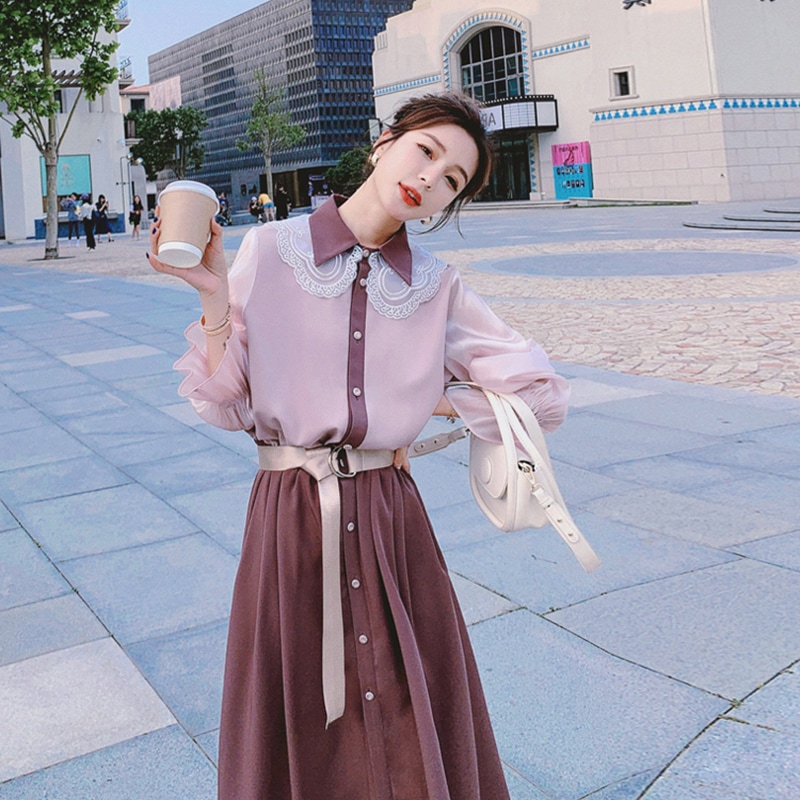 シャツワンピース トップス スイート ガーリー パープル 紫 ピンク ミドル丈 袖あり 長袖