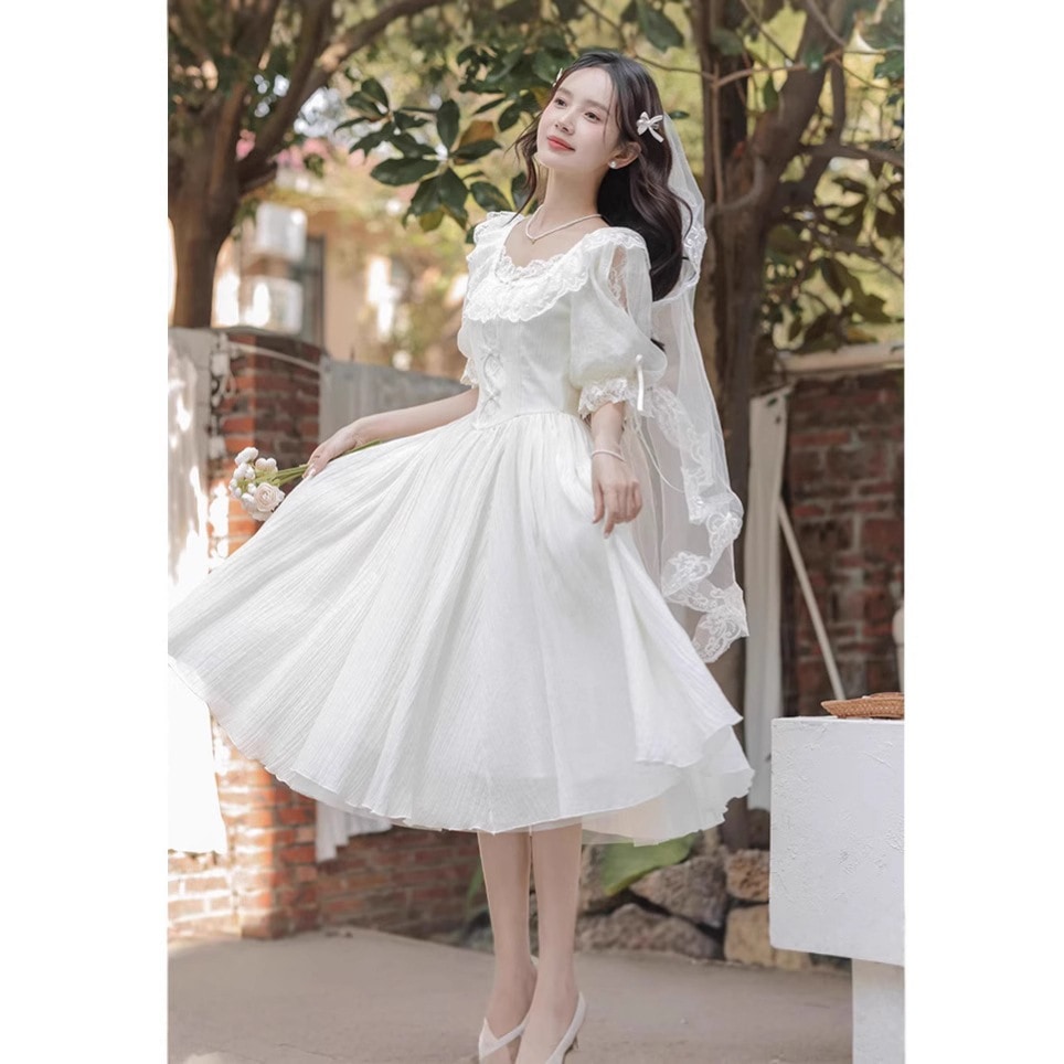 【急速出荷】送.料.無.料.茶休レースつづり羊足袖夏婚約証明書ライトウエディングドレス ワンピース