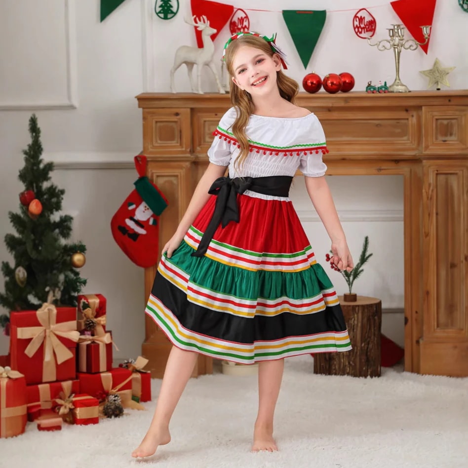 ハロウィンの子供用コスチュームメキシカンロングスカートカーニバルガールパフォーマンスコスチュームエスニックスタイル麦わら帽子スカート死者の日