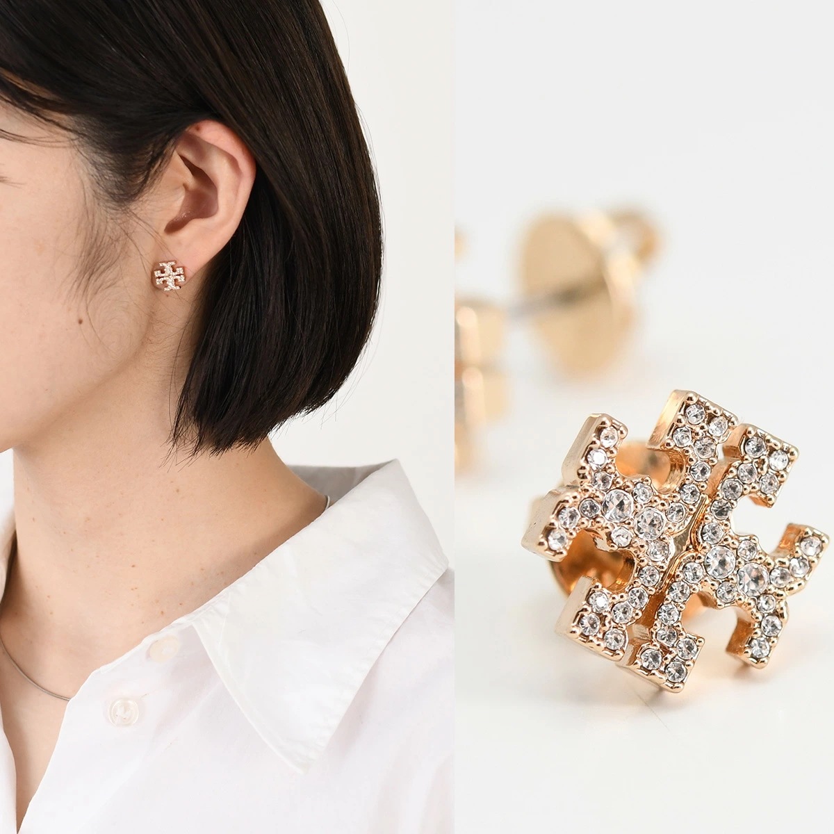 ピアス アクセサリー アイコン パヴェ スタッド ピアス 158535 レディース ゴールド 真鍮 ガラス ダブルT ロゴ