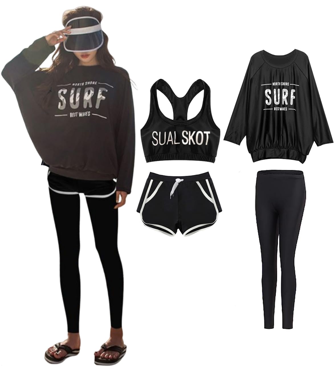 [AILITI] 水着 レディース 5点セット 体型カバー フィットネス 水着 タンクトップ ラッシュガード 長袖 レギンス ショートパンツ ブラ シ ョーツ UVカット 吸汗速乾 水陸両用 (L,