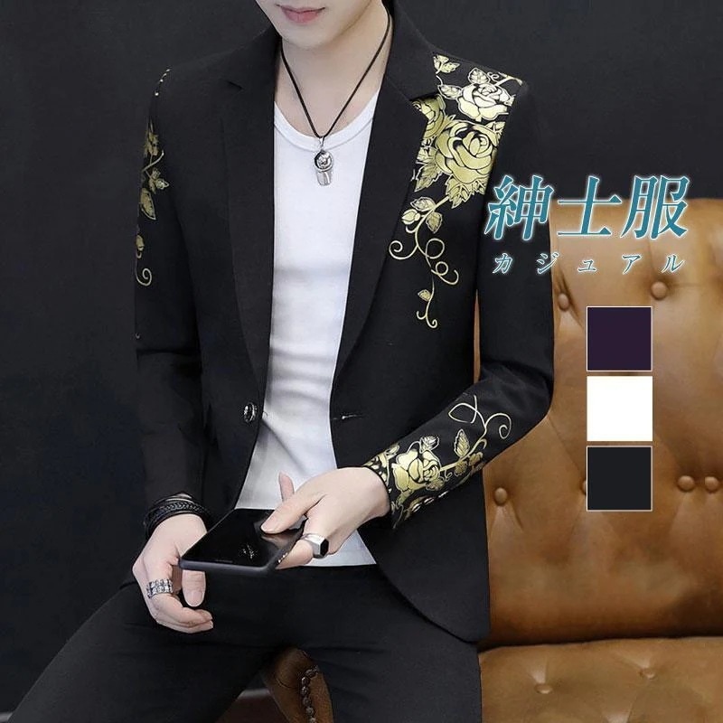 テーラードジャケット スーツ メンズ 花柄 ブレザー アウター フォーマル カジュアル トップス スリム 薄手 折り襟 デザイン おしゃれ