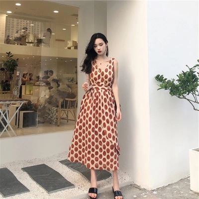 水玉 ワンピース レトロ カジュアル Vネック ロング丈 ダスティーレッド ポリエステル お出かけ