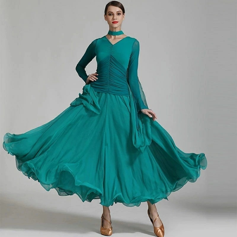 全5色 社交ダンス衣装 モダンドレス グリーン ブラック レッド ホワイト ピンク ダンスウェア ワンピース 広がる裾 演出 モダンダンス ドレス 団体ウエア 練習着 無地 社交ダンス ラテンドレス