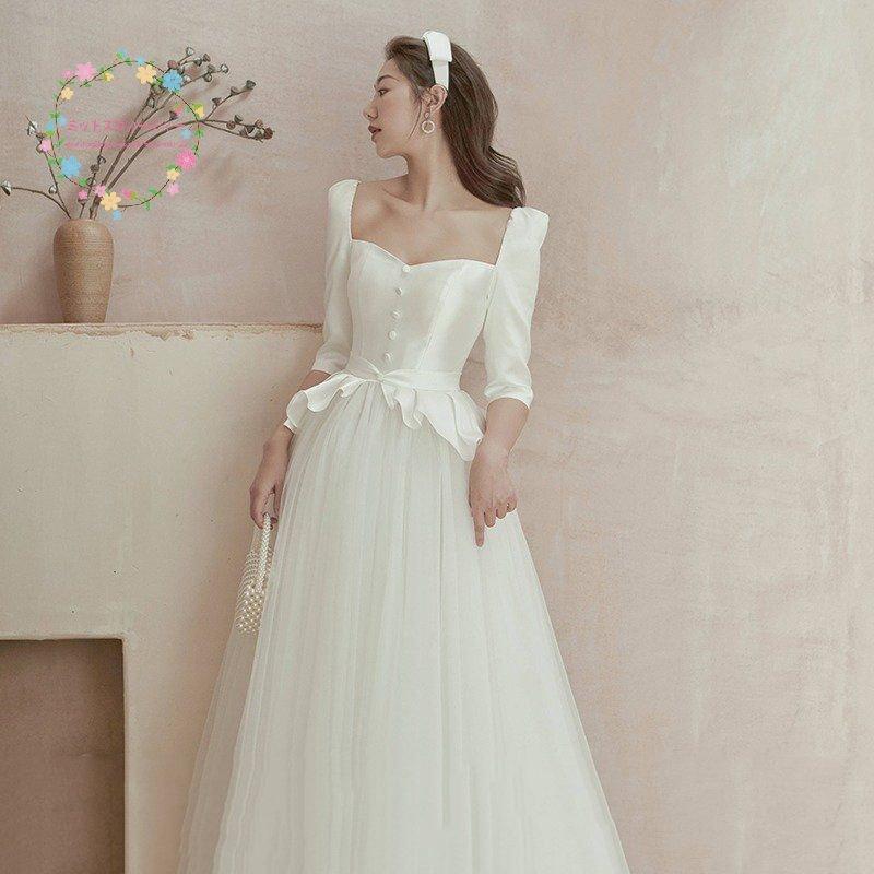 韓国ファッションフォーマルドレス 白 ロングドレス披露宴 ウェディングドレス袖あり 大きいサイズ 結婚式 花嫁 挙式 お呼ばれ ブライダル 安い 二次会 演奏会 挙式 スレンダー