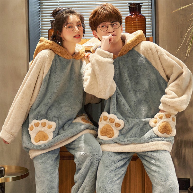 ペアパジャマ 冬 レディース メンズ 長袖 ルームウェア カップルパジャマ ペアルック お揃い 上下セット フード付き 可愛い 厚手 寝巻き 結婚祝い 誕生日 クリスマス プレゼント 暖かい 部屋着