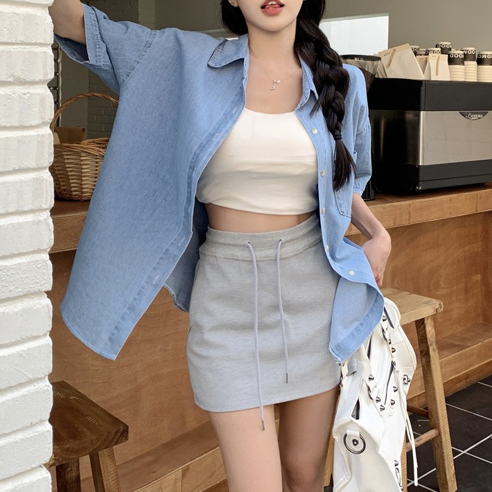 デニム シャツ ブラウス レトロ 前あき ボタン こなれ感 ガーリー カジュアル 袖あり 半袖 5部袖 かわいい 大人可愛い おしゃれ 大人女子 ラブリー クール 存在感 抜け感 合コン バレンタイン