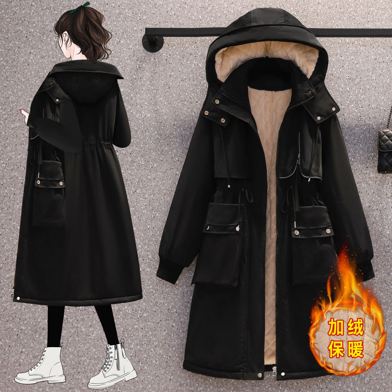 膝を越えて綿服のコートを着た女性は保温して太ったmm高級な洋気を厚くして綿服を厚くして街のコートを爆破する