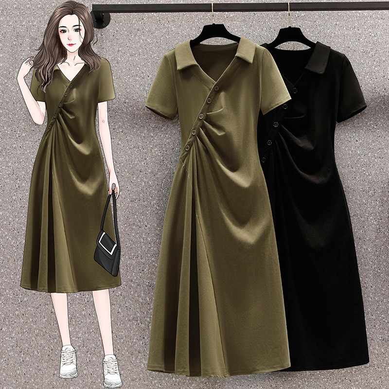 レディース ワンピース アシンメトリー シンプル カジュアル こなれ感 抜け感 シャーリング 大人かわいい ミディアム丈 ミモレ丈 ひざ下丈 半袖 グリーン ブラック 緑 黒 20代