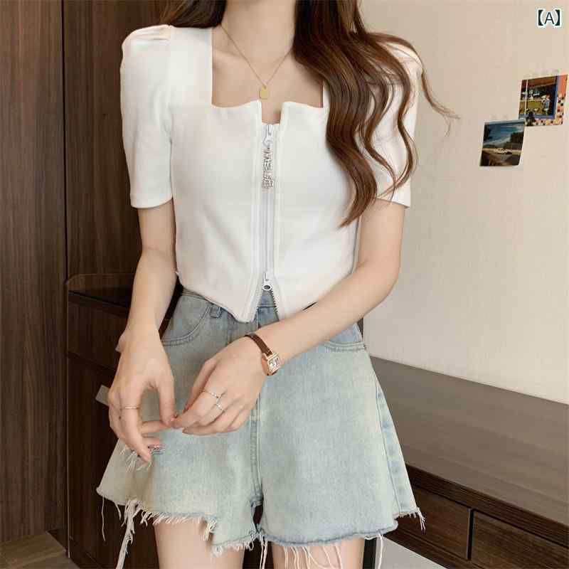 レディース トップス おしゃれ エレガント 通勤 オフィス カジュアル レディース トップス ジッパー 半袖 Tシャツ 大きめサイズ スリム ショート 夏 パフスリーブシャツ