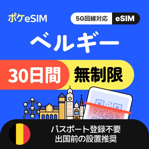 【冬のスペシャルプライス！】ベルギー eSIM データ無制限 30日間 データ通信専用（電話番号なし） 5G対応 有効期限90日