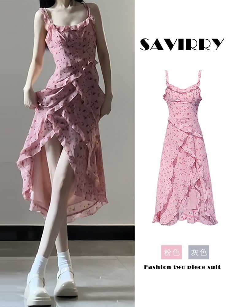 ピンクの花柄サスペンダードレスレディース春ドーパミン衣装2024新作韓国フリルスカート夏