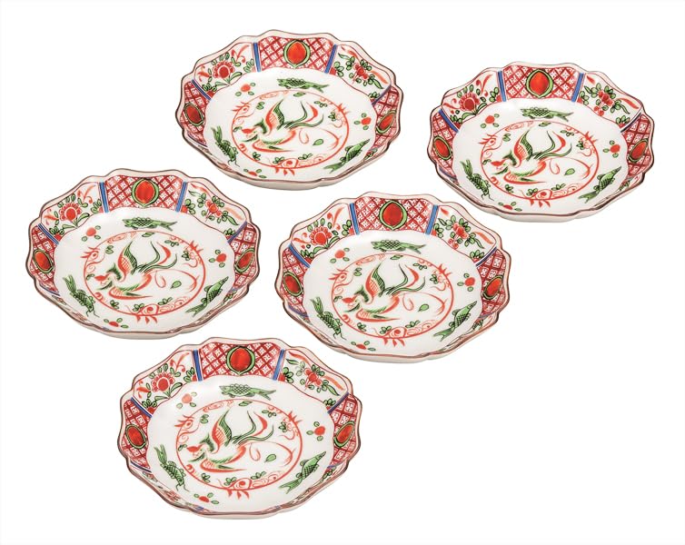 ナカマル『九谷焼』4.2号皿揃赤絵鳳凰 K9-110 12,517円