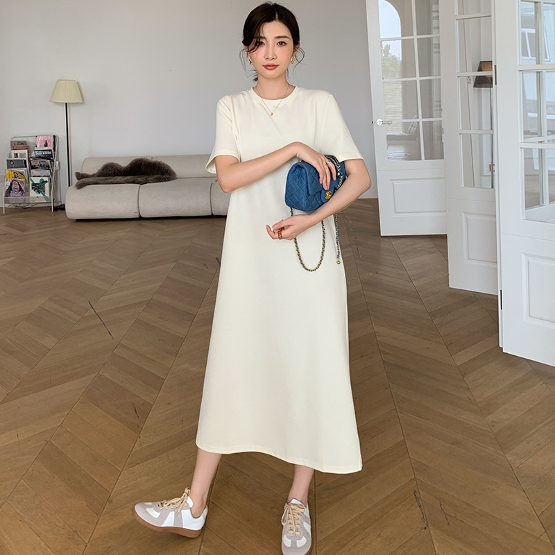ワンピース 膝下 ミモレ ミモレ丈 袖あり 半袖 ラウンドネック Aライン バックシャン バックコンシャス きれいめ シンプル カジュアル 大人 上品 おしゃれ お洒落 かっこいい 大人女子