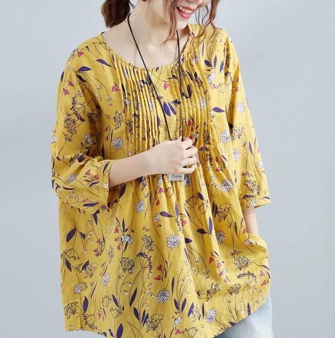 トップス ブラウス 綿麻 コットンリネン 袖あり 七分袖 ラウンドネック 襟なし ワイド 綿 麻 リネン 薄手 コットン かわいい カジュアル 大人 上品 おしゃれ アジアン 都会的 ベーシッ