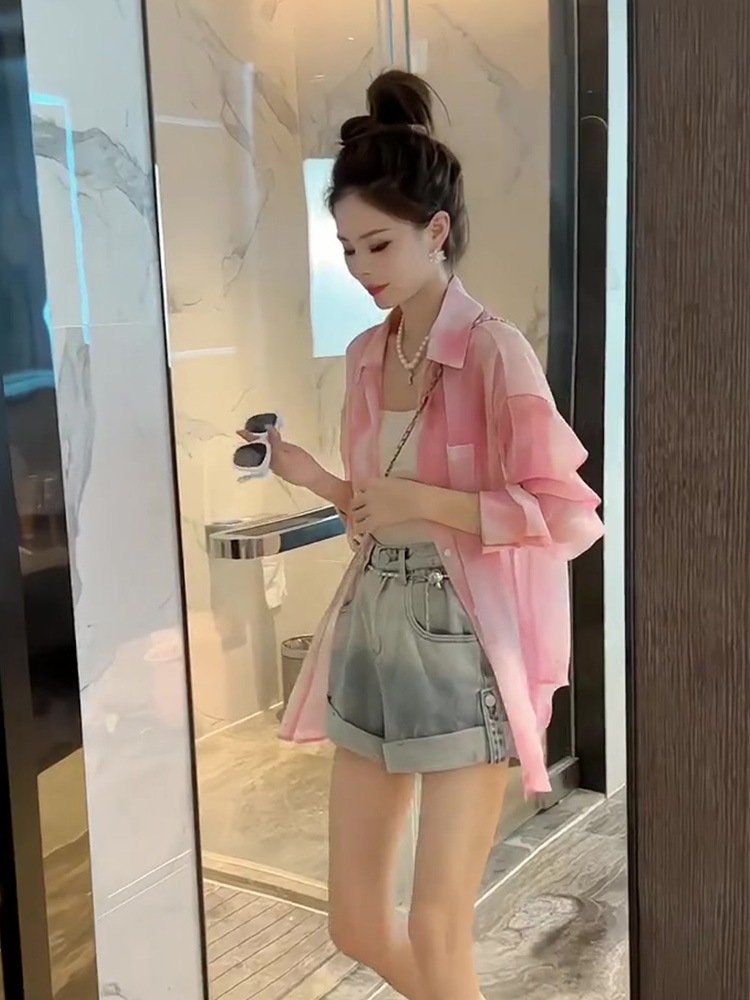 レディース シャツ 前開き 長袖 ボリューム袖 萌袖 襟付き 角襟 前開き 透け感 シースルー かわいい 大人可愛い カジュアル おしゃれ こなれ感 ラフ ガーリー ルーズ とろみ感 抜け感 マーブル