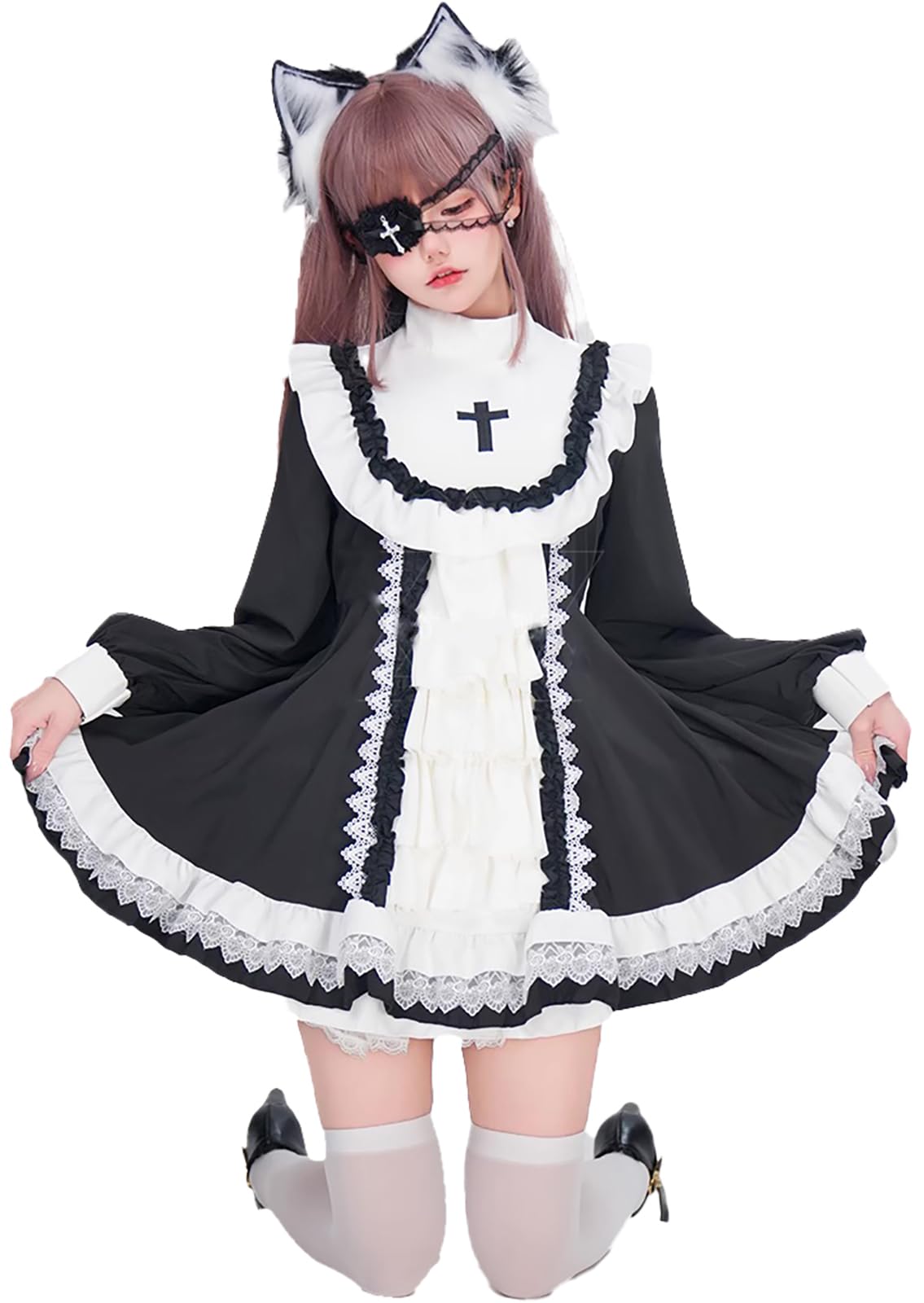 眼帯 十字架 クロス メイド 服 コスプレ コスチューム 衣装 長袖 黒 水色 ワンピース 修道女 聖母 胸あき ブラック ホワイト ブルー ゴシック ロリータ ボリューム フリル 85675