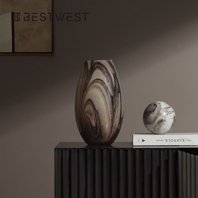 博西家居新中式創意流砂石紋ガラス花瓶置物デザイナーモデルルーム応接間に花瓶を挿す