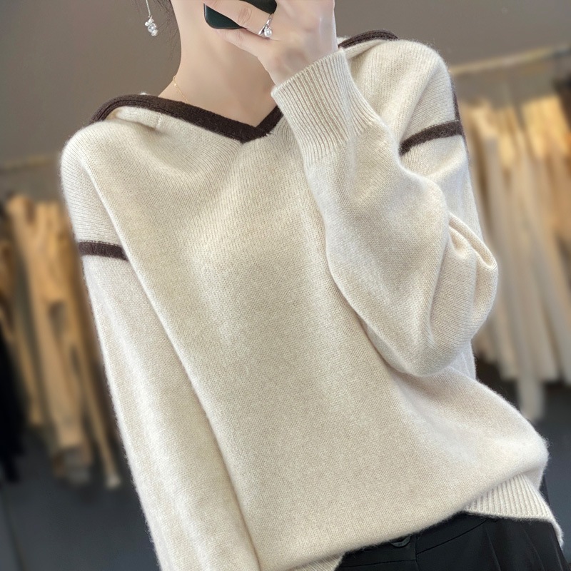 秋冬連帽100純ウールシャツv字襟ゆるいプルオーバー柔らかいモチモチのセーターニット上着