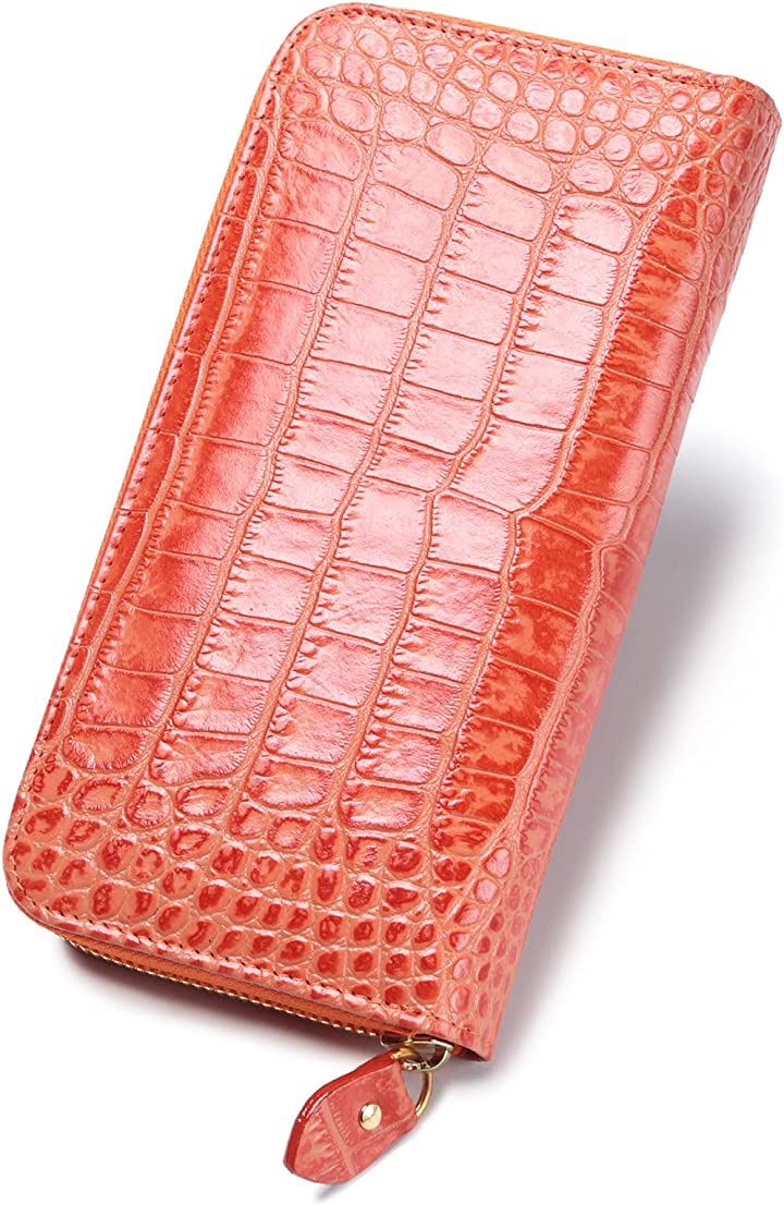 クロコダイル 長財布 型押し メンズ ラウンドファスナー 牛皮(スカーレット)