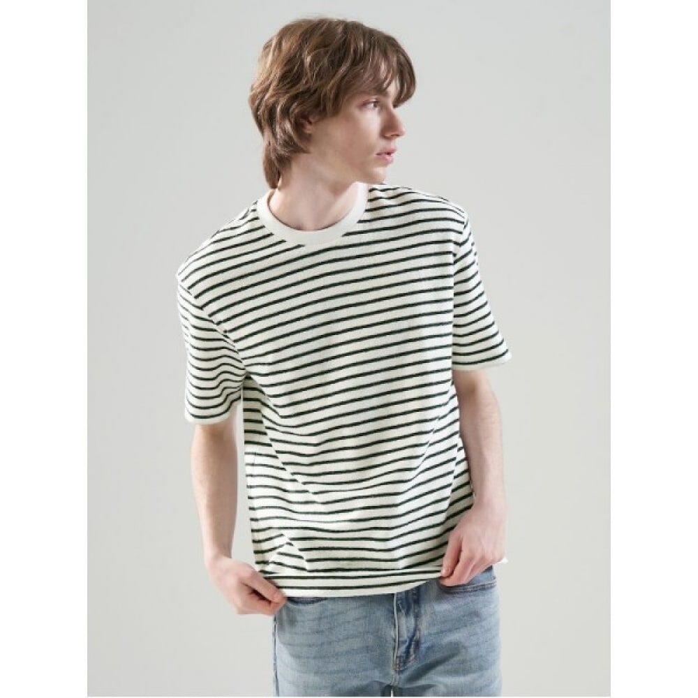 （ロガディス）コットンストライプ半袖ラウンドネックTシャツ-グリーン（RY4342C53M）