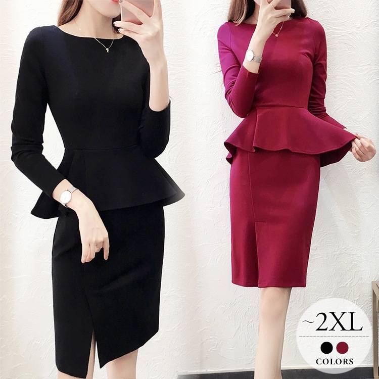 ワンピーススーツ 長袖 レディース 卒業式 入学式 卒園式 入園式 ビジネス リクルート OL オフィス 無地 フェミニン ラウンドネック ブラック レッド デート お呼ばれ ママ 母親 フォー