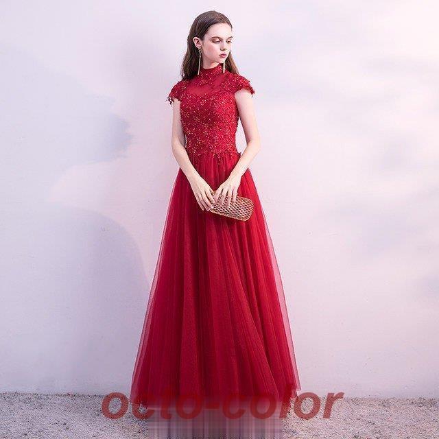 ロング丈ドレス 結婚式 二次会 お呼ばれ 立ち襟 ワイン ドレス パーティードレス 高級 キレイめ イブニングドレス 宴会 チュール