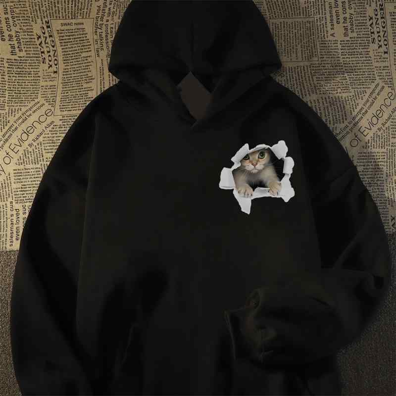 メンズ 秋 冬 フード 付き スウェット パーカー メンズ レディース アメリカン スタイル カップル カジュアル ヒップホップ オシャレ カワイイ 猫 プリント フード 付き スウェットシャツ カッ