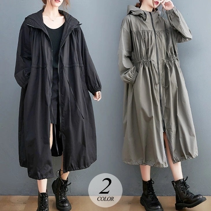 フード付き ロング ジップアップ ブルゾン コード付き ジャンパー アウター 長袖 可愛い 流行 カジュアル きれいめ シンプル 大人可愛い 春 秋 ゆったり 大きめ オーバーサイズ 無地 綿 レディ