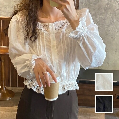 ブラウス シャツ 韓国 ファッション レディース 春 夏 秋 カジュアル コーデ シンプル 定番 セレカジ 20代 30代 40代 2025 パンチングレース クロップド タックブラウス