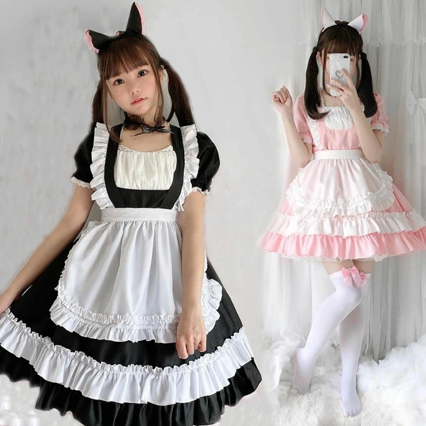 迅速な出荷 メイド服 ハロウィン コスプレ衣装 レディース 大人 女子 学生 可愛い メイドドレス 膝丈 ワンピース ショート丈 半袖 裾フリル エプロン 猫耳カチューシャ ネック飾り 萌え萌え コス