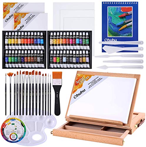 Ohuhu アクリル絵の具 78点セット 画材 絵具 絵画 絵の具セット 白 黑 大人 初心者 男の子 女の子 Acrylic Paint Set 48色 15本筆 1個卓上イーゼル 1本平筆 キャン