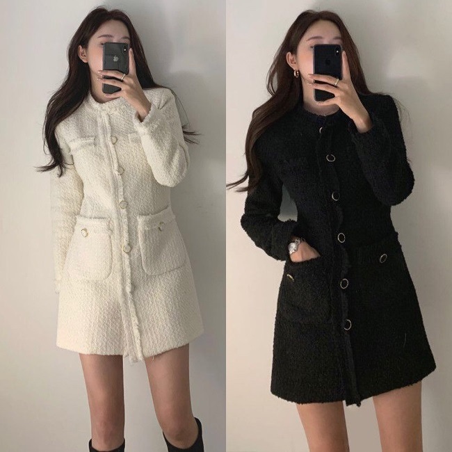 秋冬 ドレス ツイード 調 ジャガード お呼ばれ 韓版 ファッシ