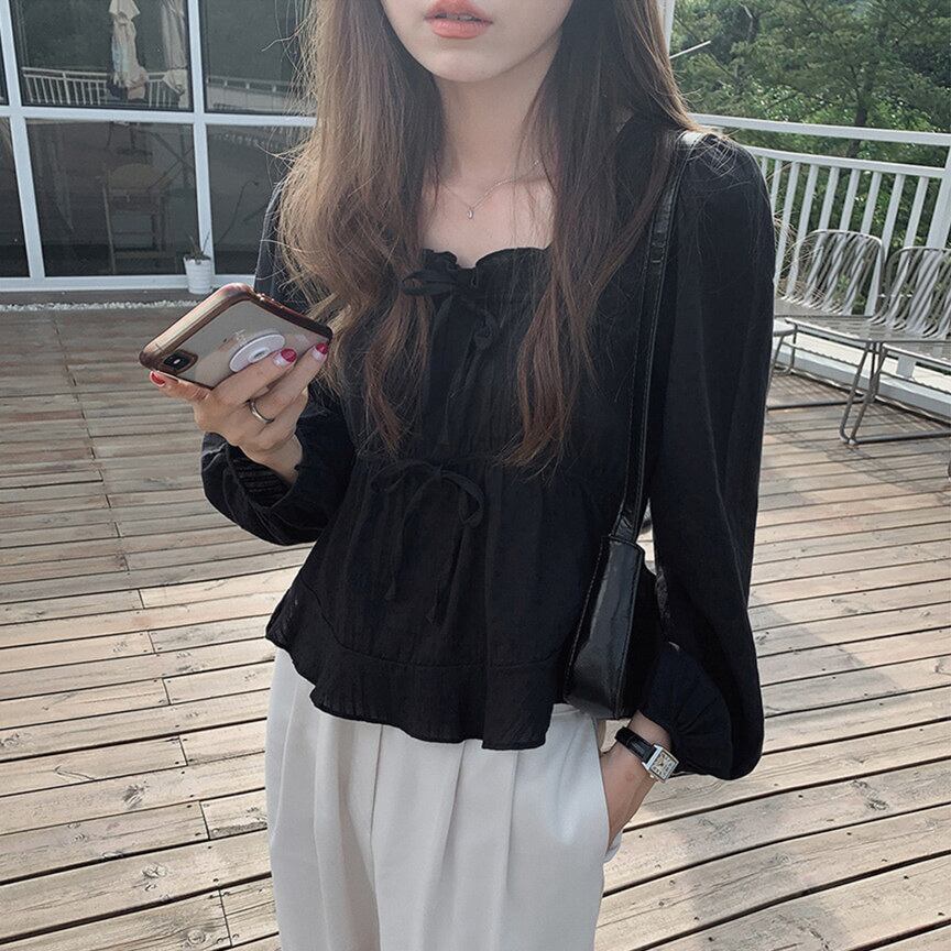 4色 ブラウス シャツ 無地 l フリル リボン ゆったり 長袖 ガーリー 春 夏 トップス 黒 白 赤 ラブリー きれいめ 可愛い モテる レディース ホワイト グリーン ワインレッド ブラッ