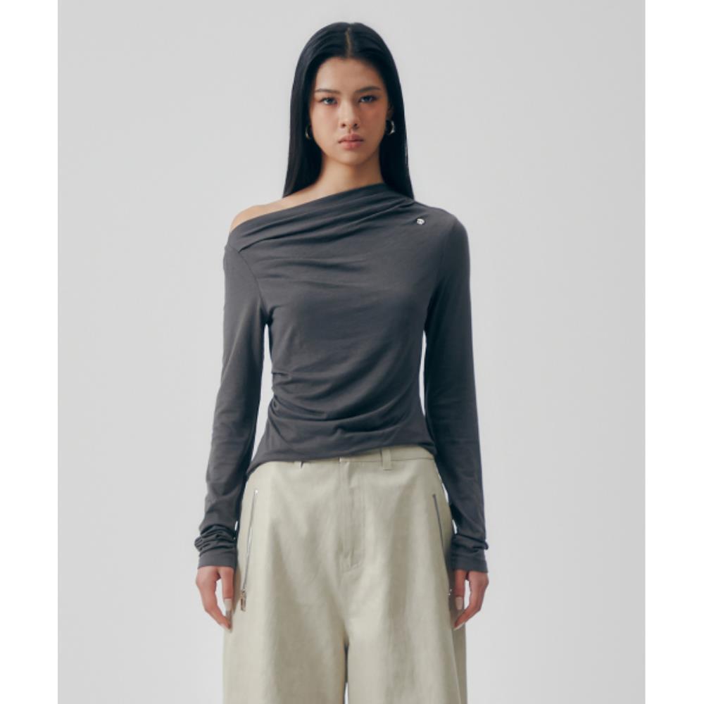 TREEMINGBIRD Oneshoulder Drape Long Sleeves Charcoal T