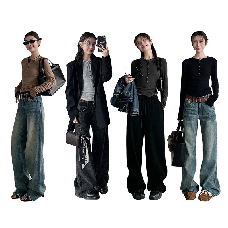 女性用デザインヘンリーカラーボタンダウンシャツ2024韓国風着痩せ長袖トップス