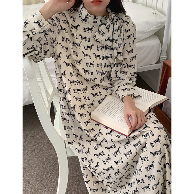 韓国デザインレトロリボン本 プリント長袖ワンピース