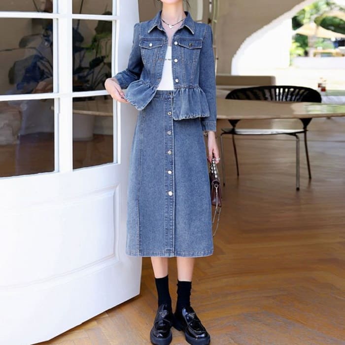 韓国 デニム ショートジャケット スリットスカートかわいい レディース 中学生 高校生 秋春 セットアップ スカート スーツ ガーリー 通学 レジャー 10代 20代 b13633 旅行