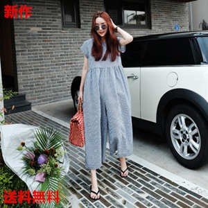 サロペット レディース オーバーオール クルーネック 七分丈 チェック カジュアル 大きいサイズ ゆ