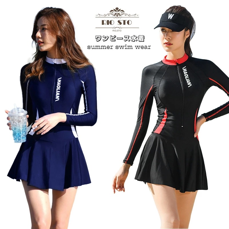 フィットネス水着 韓国 レディース 前開き ワンピース水着 スポーツ水着 体型カバー 長袖 ママ水着 着痩せ 見せパン UVカット 紫外線対策 サーフスーツ 大きいサイズ ショートパンツ ミセス 太も