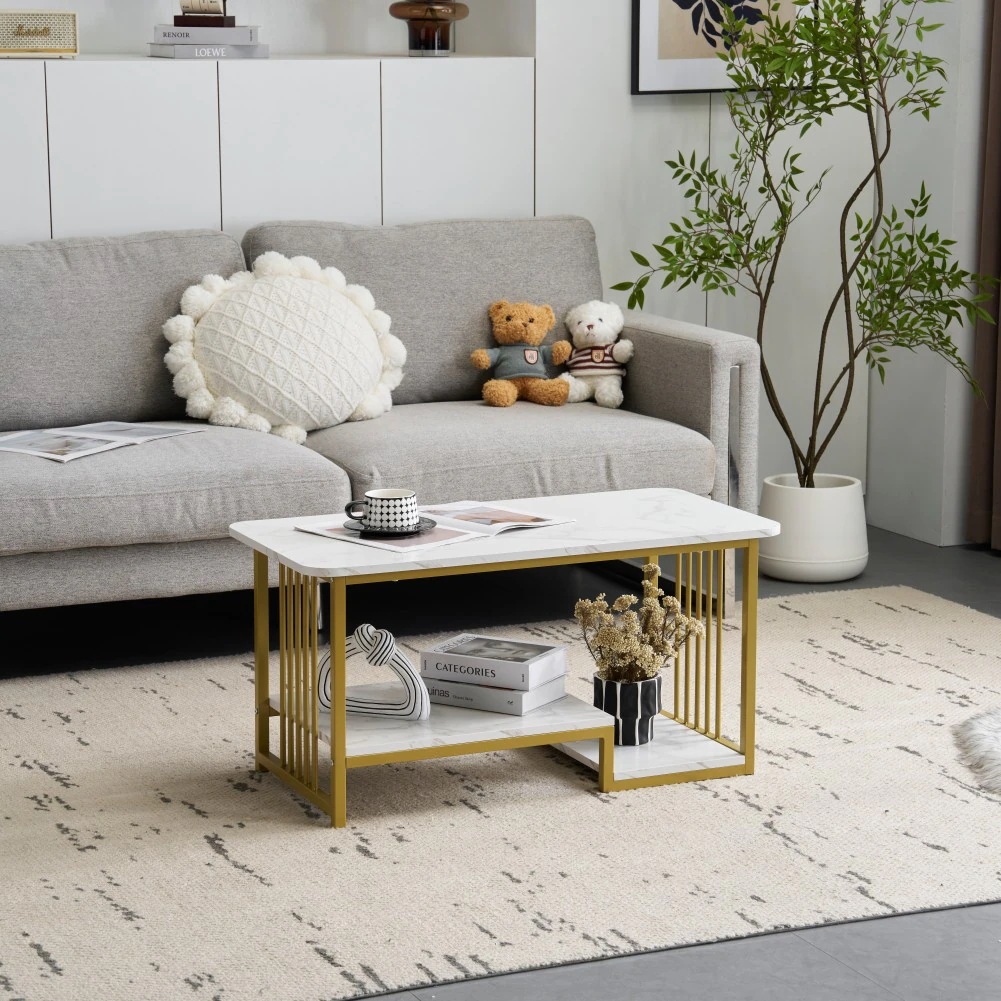 155【新作登場】センターテーブル 大理石調 幅90cm 収納付き 長方形 ローテーブル おしゃれ 収納棚 コーヒーテーブル リビングテーブル コンパクト 北欧 カフェテーブル【ホワイト＋ゴールド】