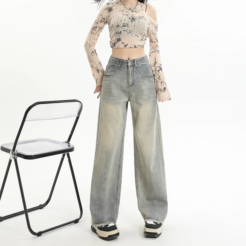 ストリートで着用できる女性向けのアメリカンノスタルジックなストレートレッグハイウエストジーンズとルーズスリムローエッジワイドレッグフロアレングスパンツ