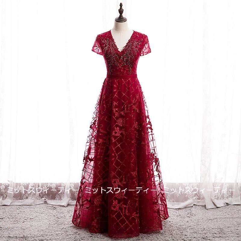 Aラインドレス カラードレス 赤 袖 ロングドレス 演奏会 レッド レース 花柄 結婚式 コンサート
