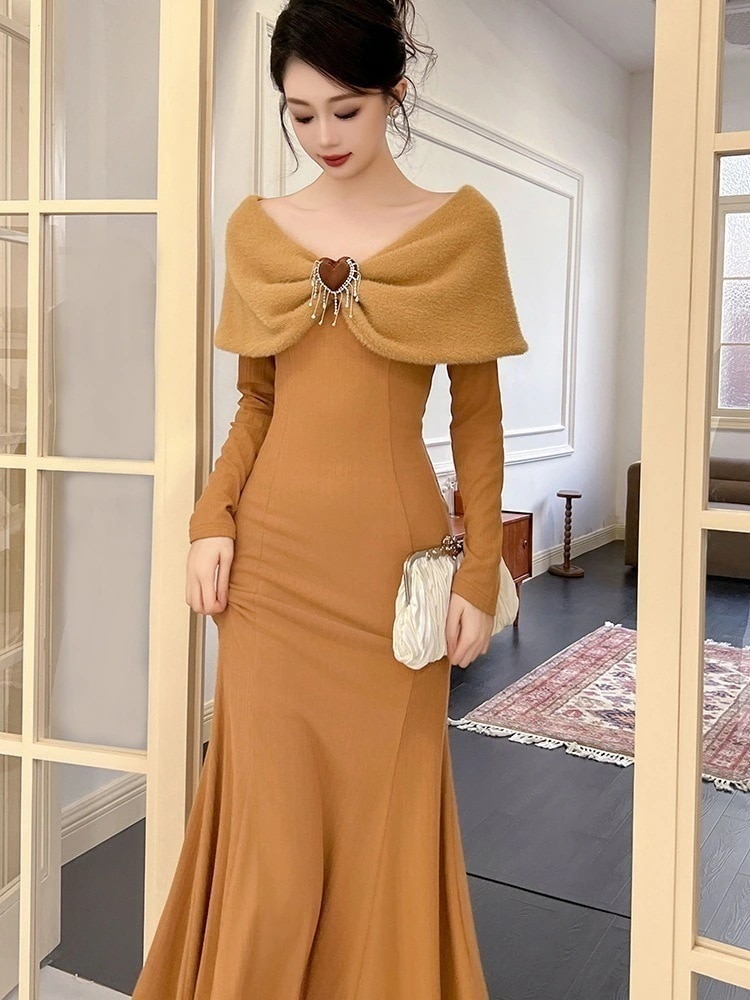 秋冬 マントワンピース マーメイド パーティードレス キャバ 着痩せ 大人 同窓会 披露宴 卒業式 結婚式 演奏会 ウェディング 二次会30%までに制限